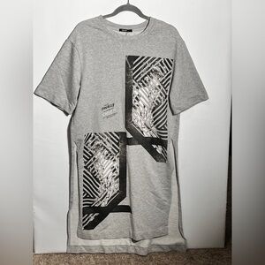 E&Joy Gray Graphic Sweater Shirt Dress with Side Slits Medium